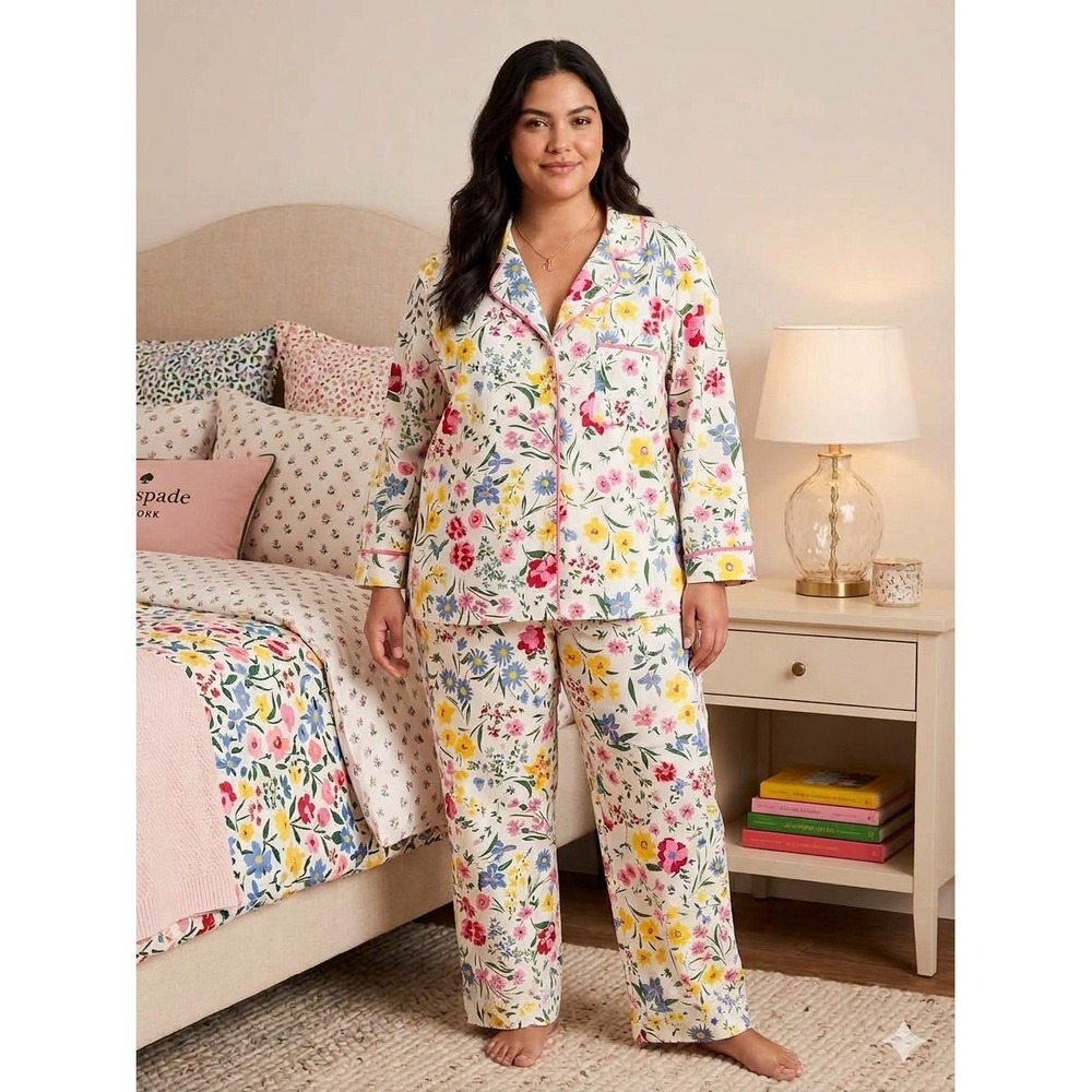 Kate Spade New York Floral Pajama Set XL White Pink Yellow Blue Long Sleeve PJ